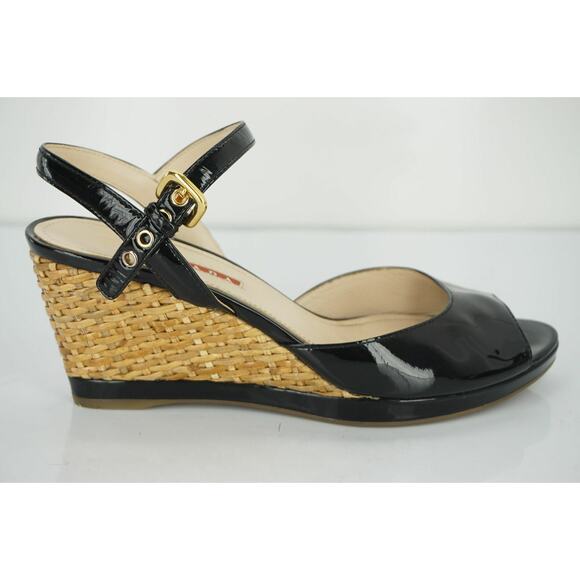 Prada Sport Black Patent Ankle Strap Woven Raffia Wedge Heel Sandals - Picture 11 of 12